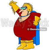 Clipart Illustration of a Chubby Cacuasian Super Hero Man In A Blue Cape, Red Costume And Golden Gloves © djart #28206