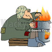 Clipart Illustration of a Homeless Caucasian Man Eating Beans Out Of The Can While Sitting Beside A Fire In A Trash Can © djart #28208