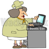 Clipart Illustration of a Chubby Female Chef In A Hat And Coat, Using A Laptop Computer In A Kitchen To Browse The Internet For Good Recipes © djart #28674