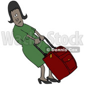 Clipart Illustration of a Black Woman In A Green Dress, Trying To Pull A Heavy Rolling Suitcase © djart #29916