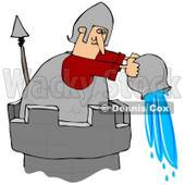 Clipart Illustration of a Soldier Atop A Tower, Pouring A Pail Of Water Down Onto An Intruder © djart #30921