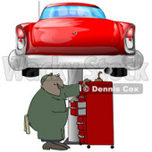 Clipart Illustration of a Black Male Mechanic Looking For Tools In A Red Tool Box, Under A Red Classic Car Up On A Lift In A Garage © djart #31522