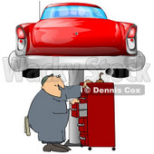 Clipart Illustration of a White Male Mechanic Looking For Tools In A Red Tool Box, Under A Red Classic Car Up On A Lift In A Garage © djart #31525