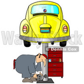 Clipart Illustration of a Male Mechanic Bending Over To Lift A Part While Working Under A Yellow Slug Bug Car On A Lift In A Garage © djart #31622