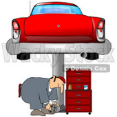 Clipart Illustration of a Male Mechanic Bending Over To Lift A Part While Working Under A Red Classic Car On A Lift In A Garage © djart #31623