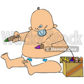 Clipart Illustration of a Chubby Baby Boy In A Diaper, Sucking On A Pacifier And Coloring With Crayons © djart #41892