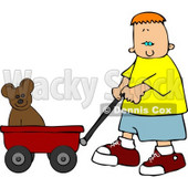 Boy Pulling His Teddy Bear in a Red Toy Wagon Clipart © djart #4194