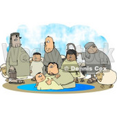 Sheep and Family Watching Their Son Get Baptised by a Religious Christian Figure Clipart © djart #4242