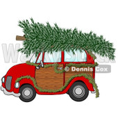 Royalty-Free (RF) Clipart Illustration of a Red Woody Car Decorated With A Garland And A Christmas Tree On The Roof © djart #432131