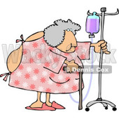 Obese Elderly Woman Walking Around with a Cane While Attached to a Portable Intravenous Drip Line Clipart © djart #4794