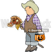 Boy Wearing Cowboy Halloween Costume with Stick Pony and Candy Bucket Clipart © djart #5209