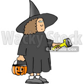 Girl Wearing Halloween Witch Costume While Trick-or-treating with a Candy Bucket and Flashlight Clipart © djart #5218