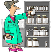 Female Pharmacist Restocking the Shelves with Bottles of Medicine and Drugs Clipart Picture © djart #5978