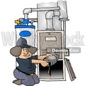 Woman Repairing a Broken Furnace Attached to a Water Heater Clipart Picture © djart #6049