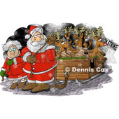 Santa Claus and Mrs Claus Pulling Toys and Reindeer Santa's Sleigh Because the Reindeer are on Strike on Christmas Clipart © djart #6116
