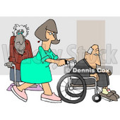 Female Nurse Pushing a Senior Man's Wheelchair Past an Old Lady Using a Cane in the Hospital Clipart Picture © djart #6155