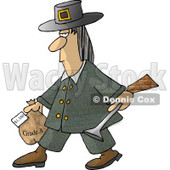 Male Pilgrim Carrying a Blunderbuss and a Grade A Frozen Turkey For Thanksgiving Dinner Clipart Picture © djart #6159
