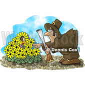 Wild Turkey in a Yellow Daisy Patch, Hiding From a Pilgrim With a Gun Clipart Picture © djart #6162