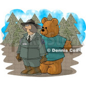 Person Wearing a Bear Costume While Trying to Scare a Female Forest Ranger Clipart Picture © djart #6211