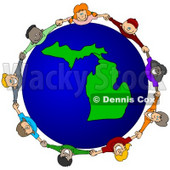 Royalty-Free (RF) Clipart Illustration of a Circle Of Children Holding Hands Around A Michigan Globe © djart #62110