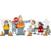 Crosswalk Crossing Guard Man With a Stop Sign, Directing School Children and a Dog to Cross the Street Clipart Picture © djart #6235