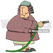 Woman in a Robe With Hair in Curlers, Using a Garden Hose to Water Clipart Picture © djart #6244