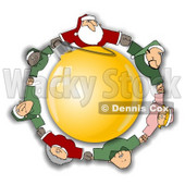 Royalty-Free (RF) Clipart Illustration of Santa, Elves And Mrs Claus Holding Hands And Circling A Golden Ornament © djart #78924