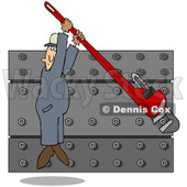 Royalty-Free (RF) Clip Art Illustration of a Worker Man Hanging From A Monkey Wrench While Tightening A Wall Of Nuts © djart #86483