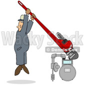 Royalty-Free (RF) Clipart Illustration of a Man Hanging From A Giant Monkey Wrench While Tightening A Gas Meter © djart #86485